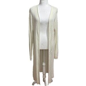 Full Crochet Knit Duster Cardigan Sweater XL Cream Boho Coastal Grandma Cottage